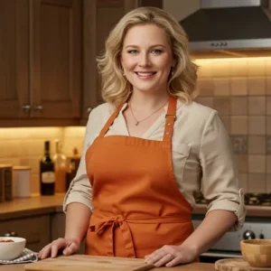 Emily Harper cooking in a cozy kitchen, preparing a homemade dish.